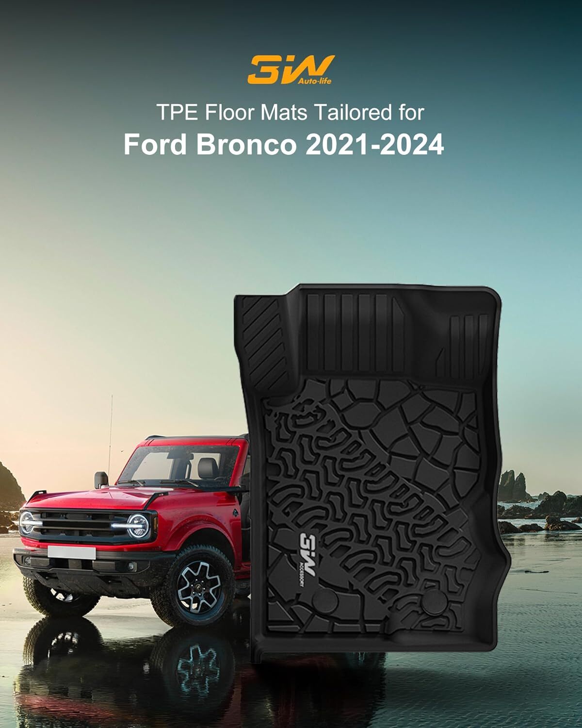 3W Car Floor Mats For Ford Bronco 4 Door 2021-2024 TPE Floor Liner Fit Bronco
