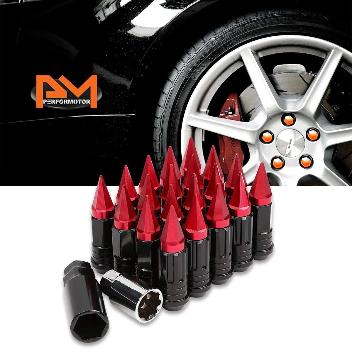 M12X1.5 Red JDM Cone Wheel Lug Nuts+Spline Locks+Spiked Caps+Key 25mmx75mm 20Pc