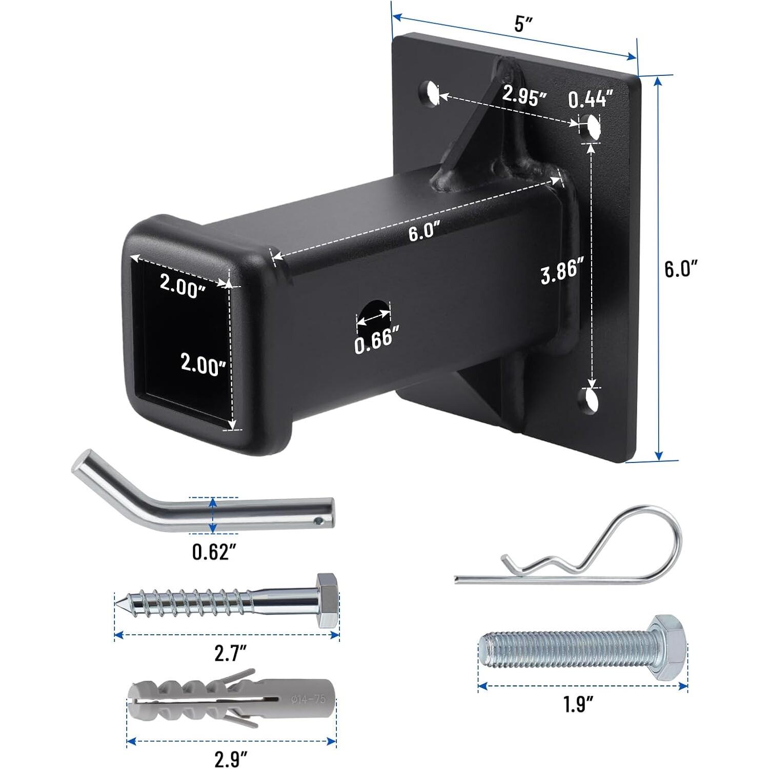 2 Inch Opening Hitch Receiver Hitch Wall Mount, Bolt-On Receiver Tube Black New