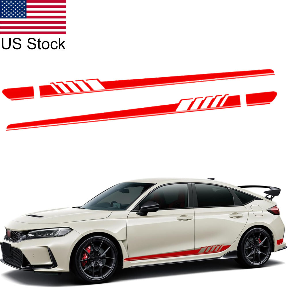 2x Red Sport Racing Stripes Side Body Door Skirt Vinyl Decal Stickers Universal