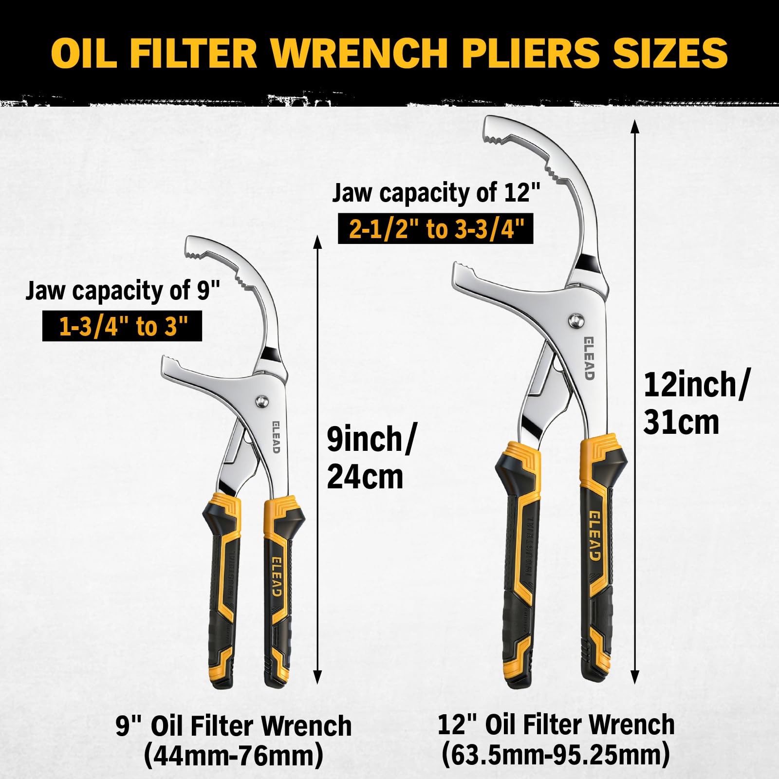 ELEAD Adjustable Oil Filter Wrench Set – 9″ & 12″ 2-Piece Set, Black & Yellow