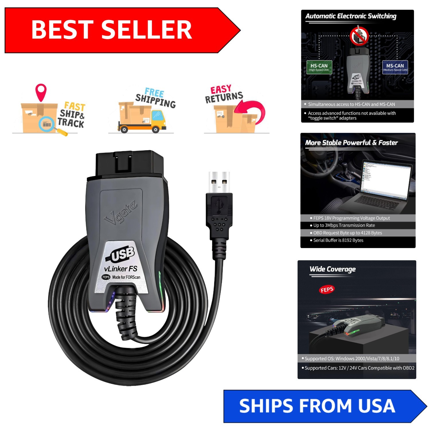 vLinker FS USB Adapter for FORScan: Multi-Vehicle, HS/MS-CAN, Compact Design