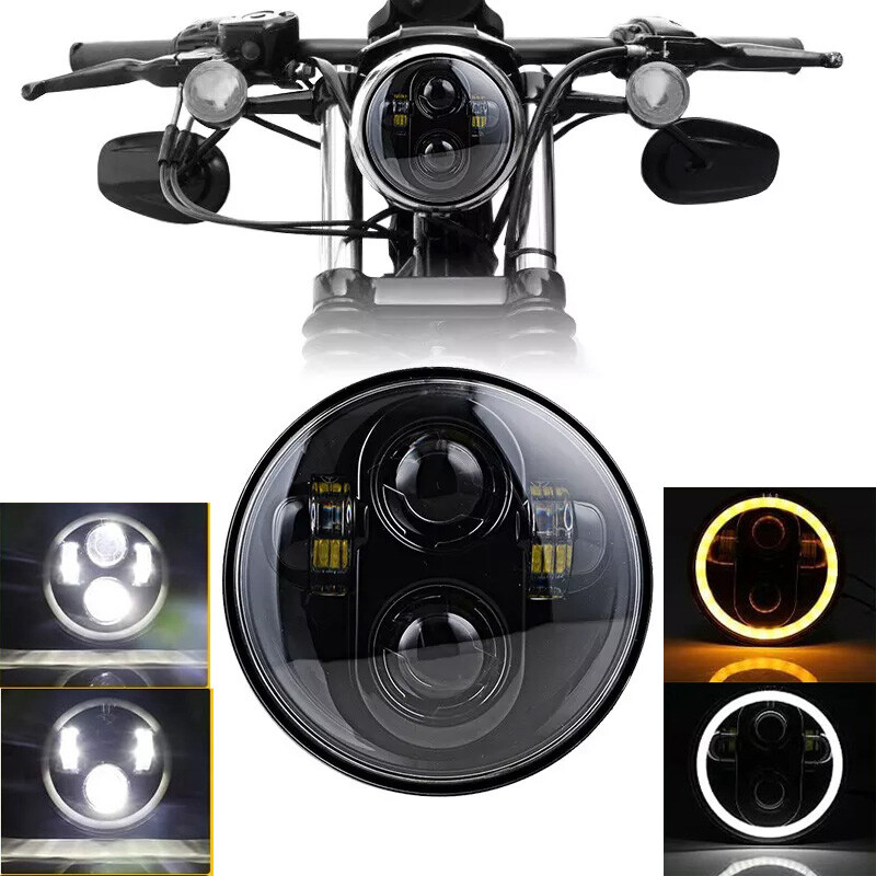 5-3/4″ 5.75inch Round Motorcycle LED Headlight with DRL Amber Turn Signal Black