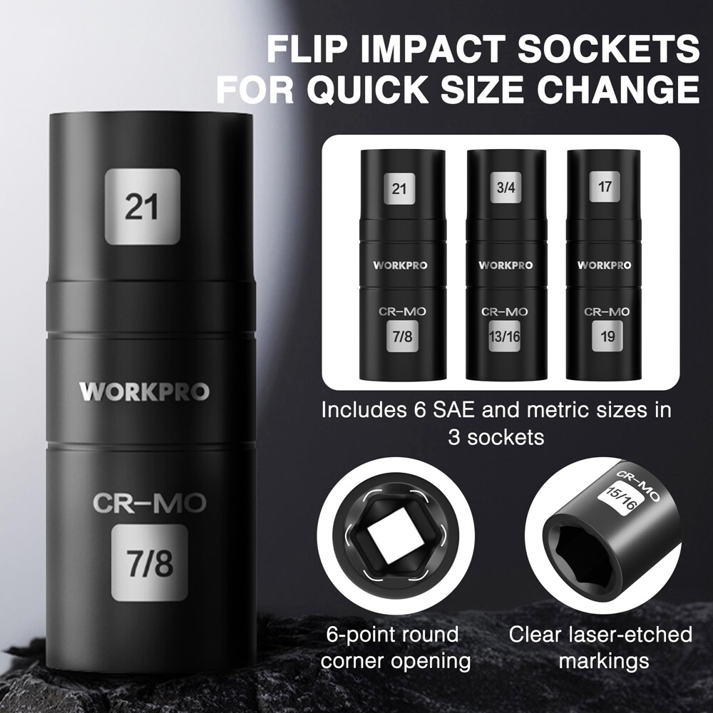 WORKPRO 4PC Impact Socket Set 1/2″ Dr Lug Nut Wheel 3″ Extension Bar Flip Socket