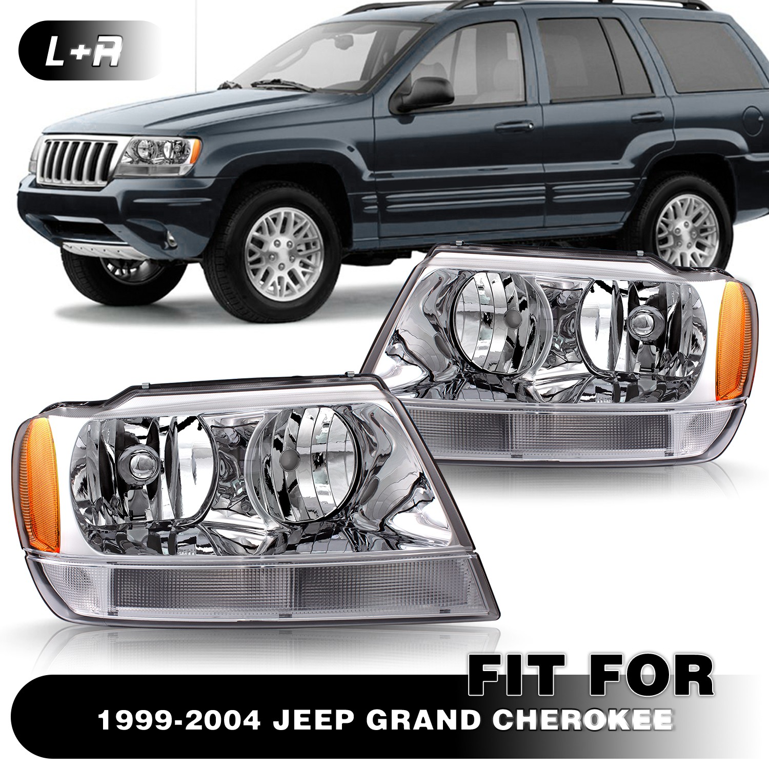 For 1999-2004 Jeep Grand Cherokee Driver+Passenger Chrome Halogen Headlights