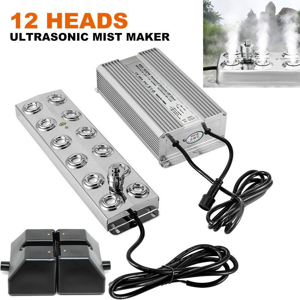 12 Heads Ultrasonic Mist Maker Fogger Humidifier w/ Rainproof Transformer 110V