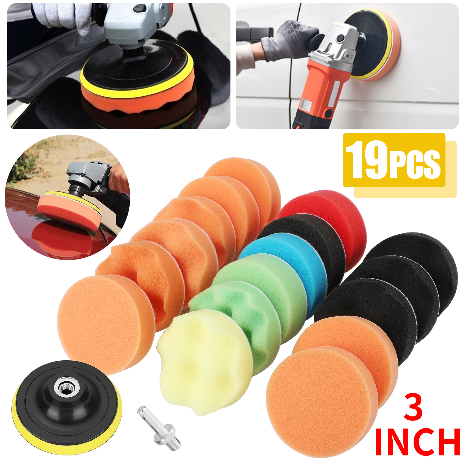 19Pcs 3″ Inch Polishing Pads Sponge Woolen Waxing Buffing Pad Kits Drill Adapter