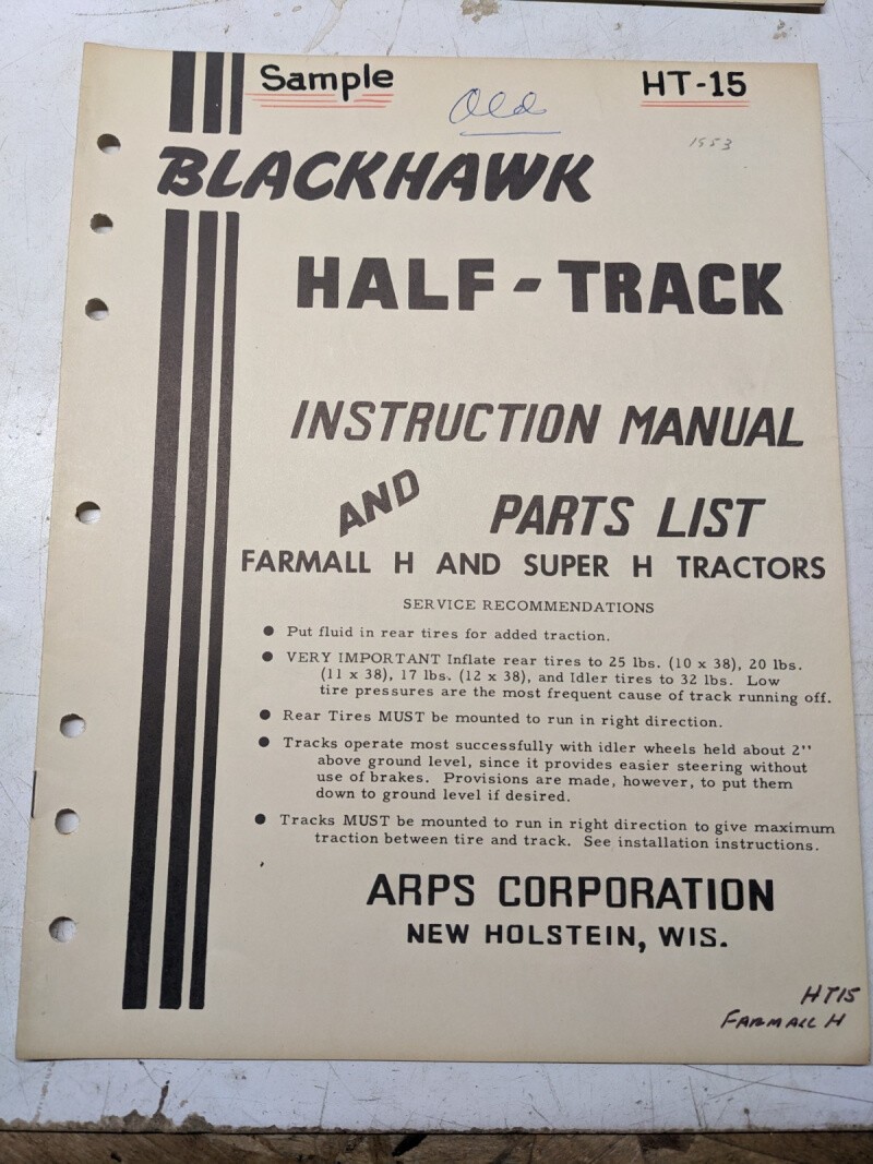 ARPS TRACTOR HALF-TRACK INSTRUCTION OWNER MANUAL PARTS LIST FARMALL SUPER H HT15