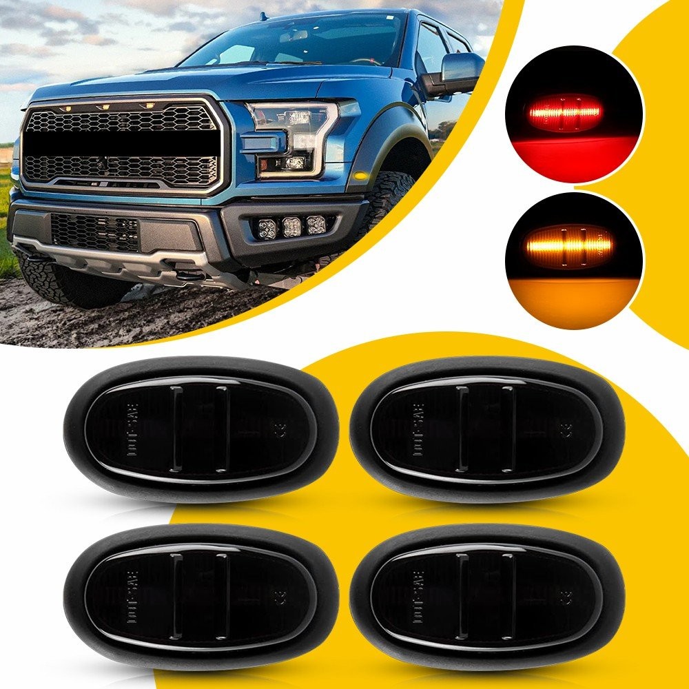 4PCS Front Amber+Rear Red LED Side Marker Lights For 17-21 Ford F150 SVT Raptor