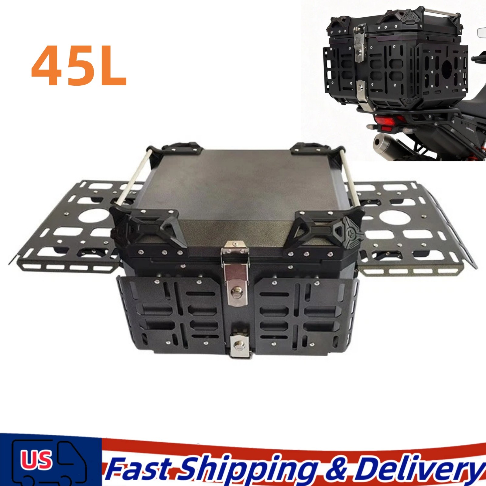 45L Motorcycle Top Case Aluminum Universal Motorbike Tail Box Expandable Black