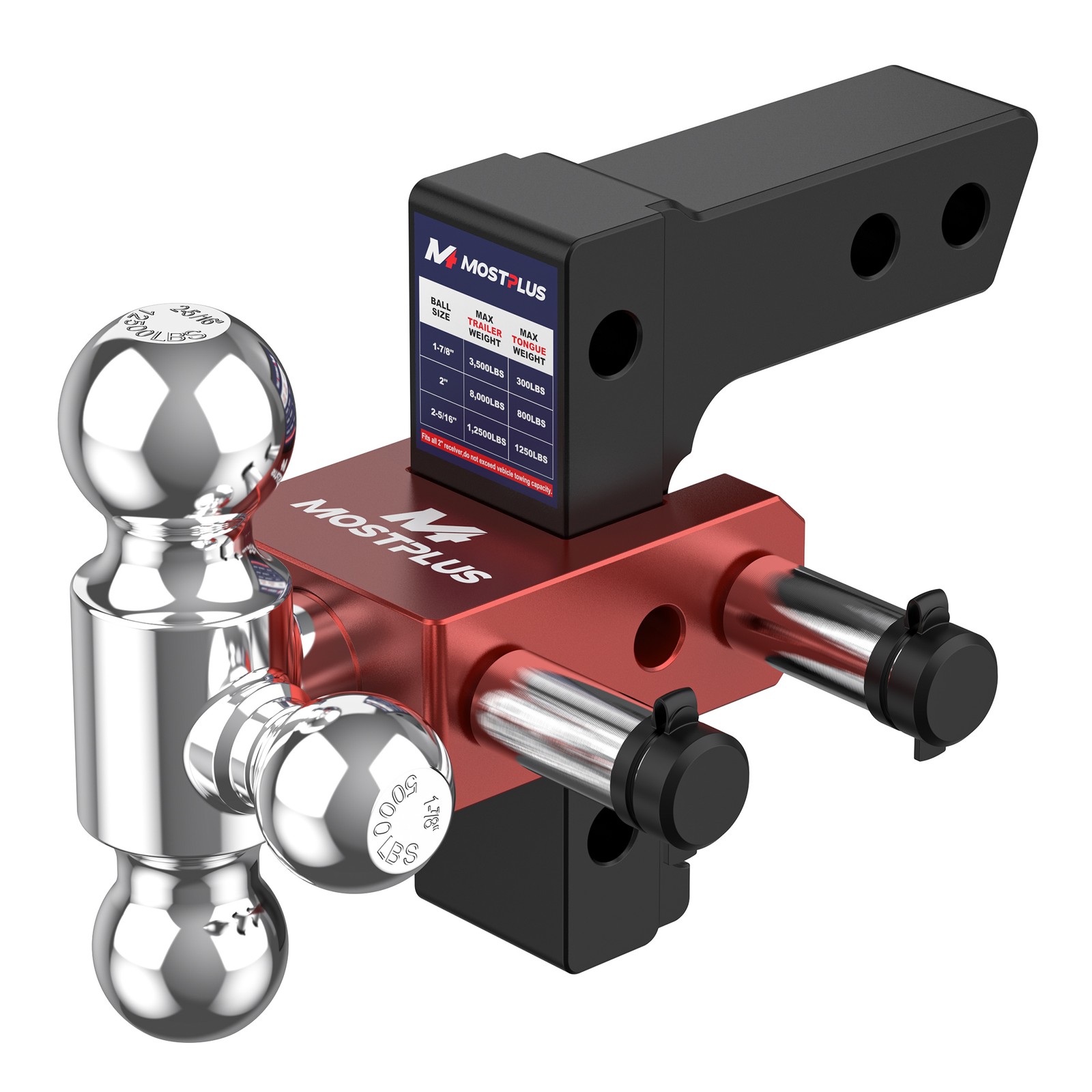 2″ Receiver 6″ Drop Adjustable Trailer Tow Hitch Tri-Balls Capacity 12500lbs
