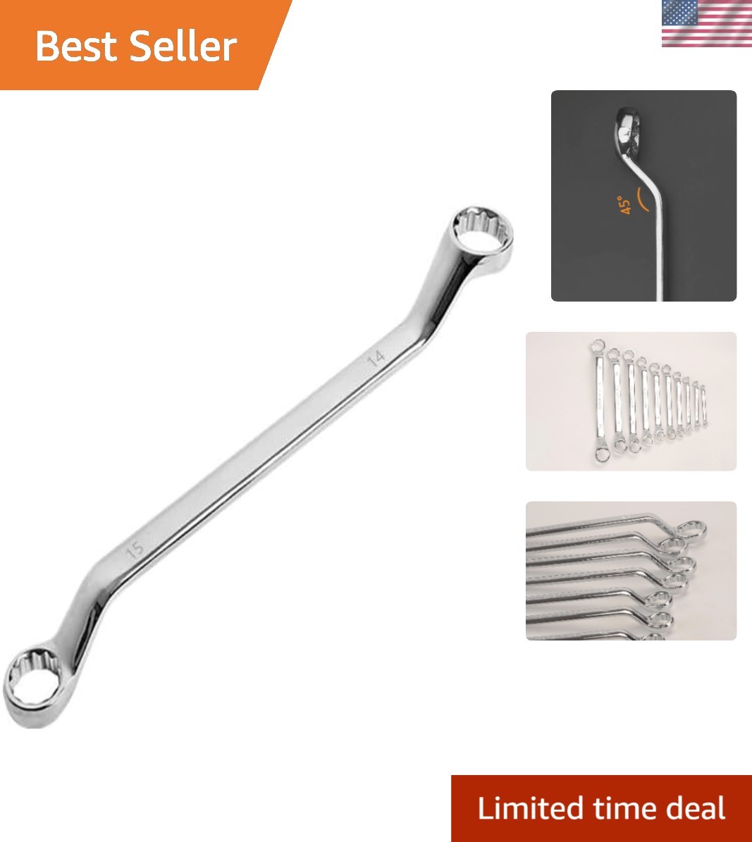 14mm x 15mm 12 Point 45-Degree Offset Double Box End Wrench Polished Finish, …