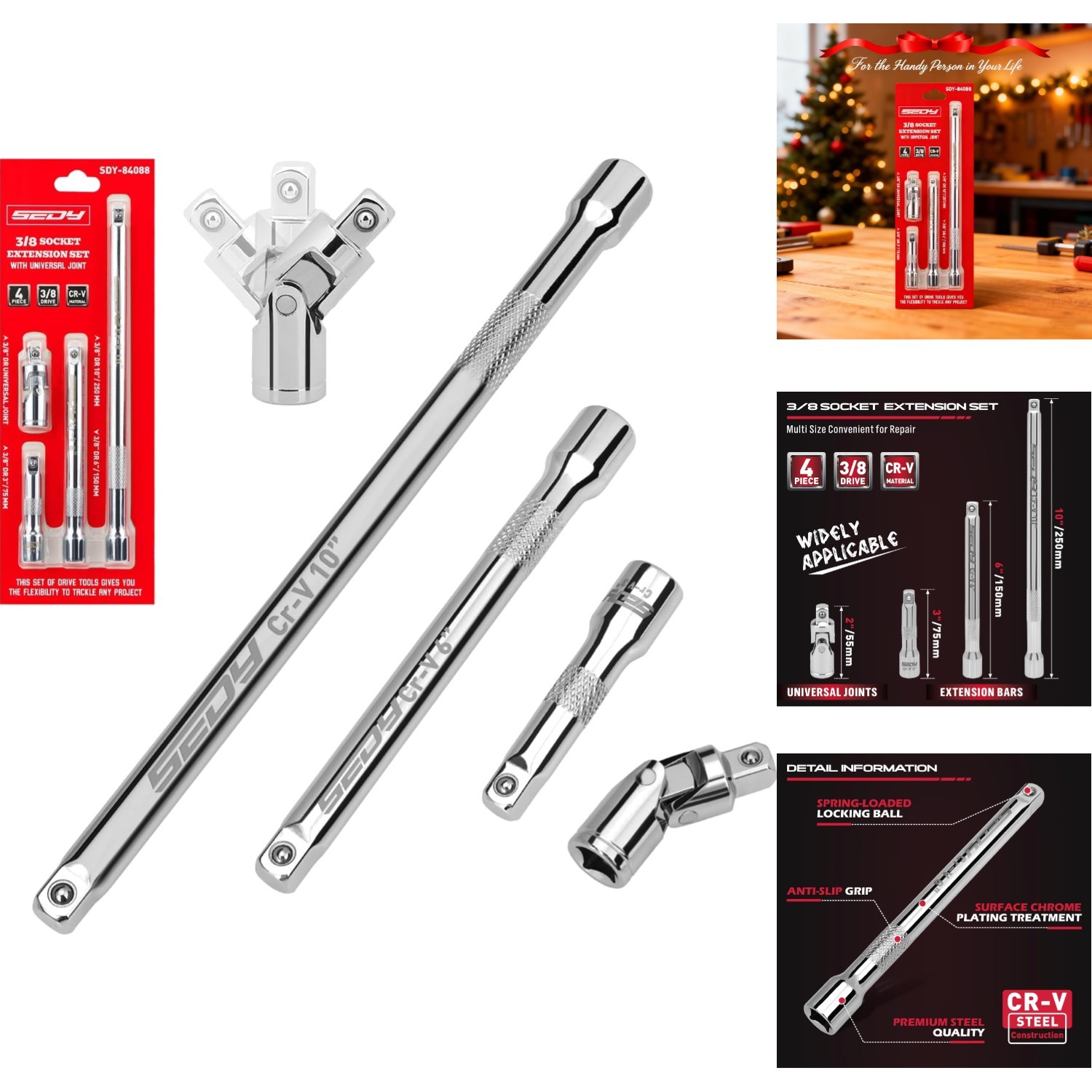 4pc 3/8″ Drive Socket Extension Bar Set 3″ 6″ 10″ & Universal Joint Cr-V Steel