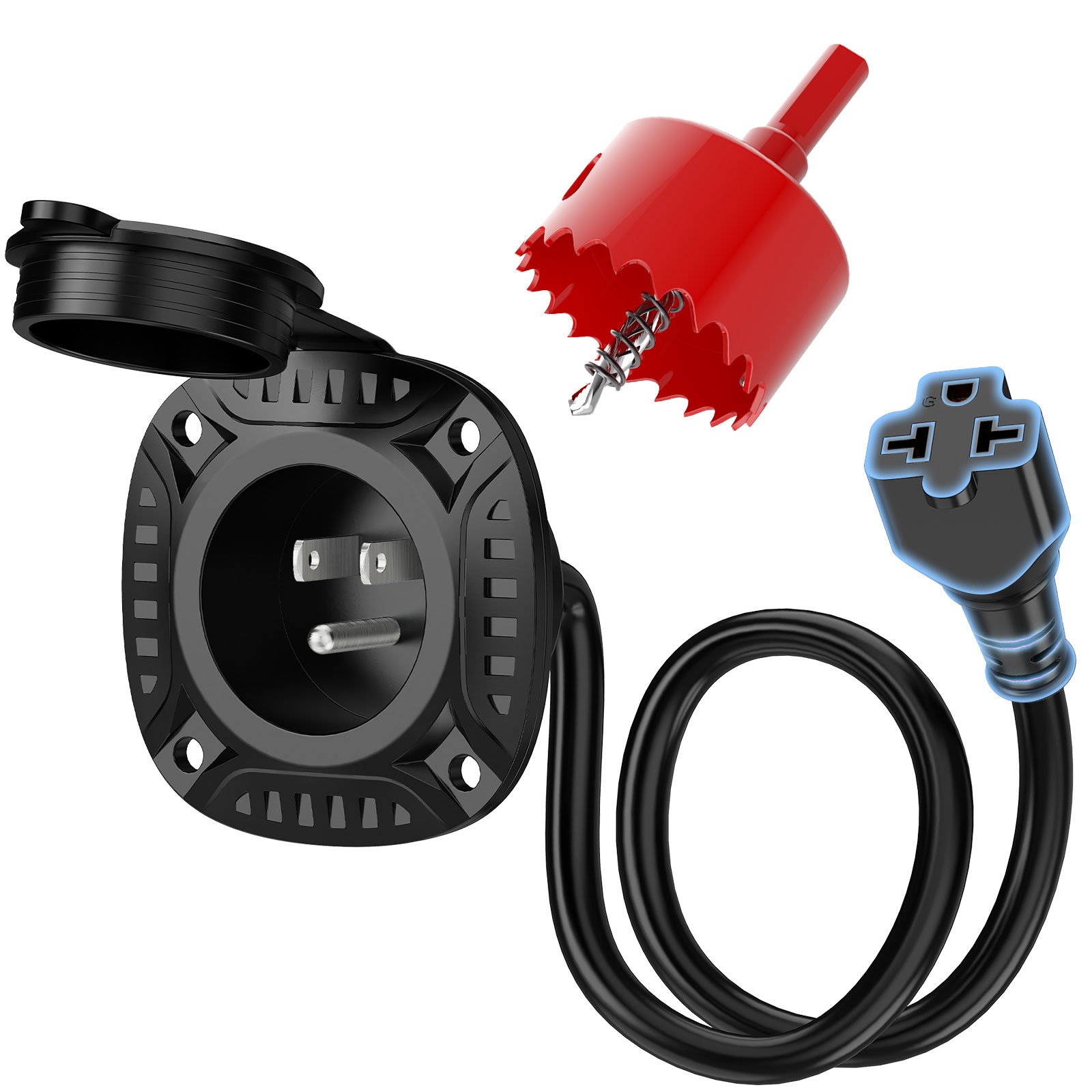 5-in-1 AC Port Plug 20A RV Shore Power Inlet Plug T-Blade Adapter with Hole Saw