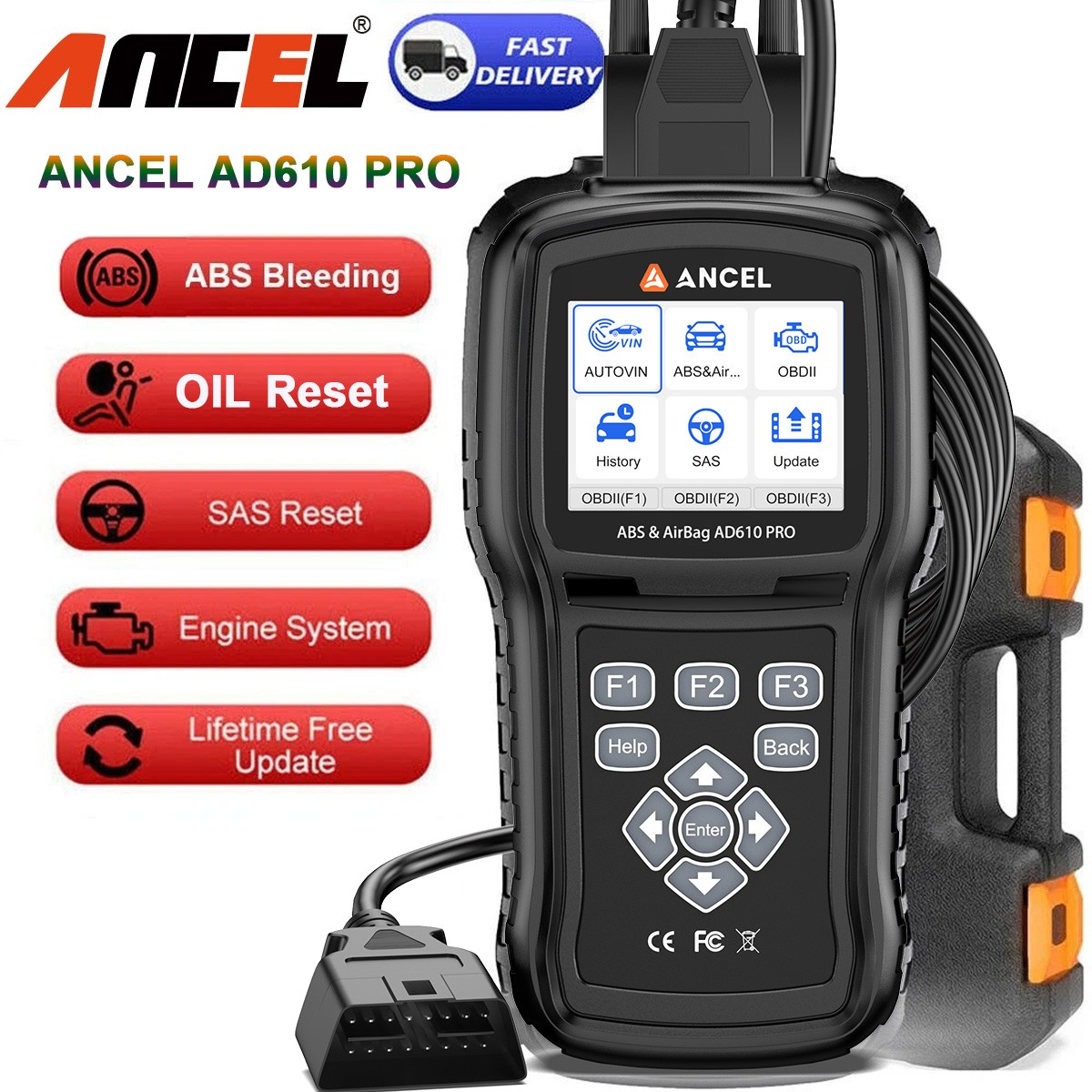 ANCEL AD610 PRO Car Bidirectional SRS SAS ABS Bleeding OBD2 Scanner Diagnostic