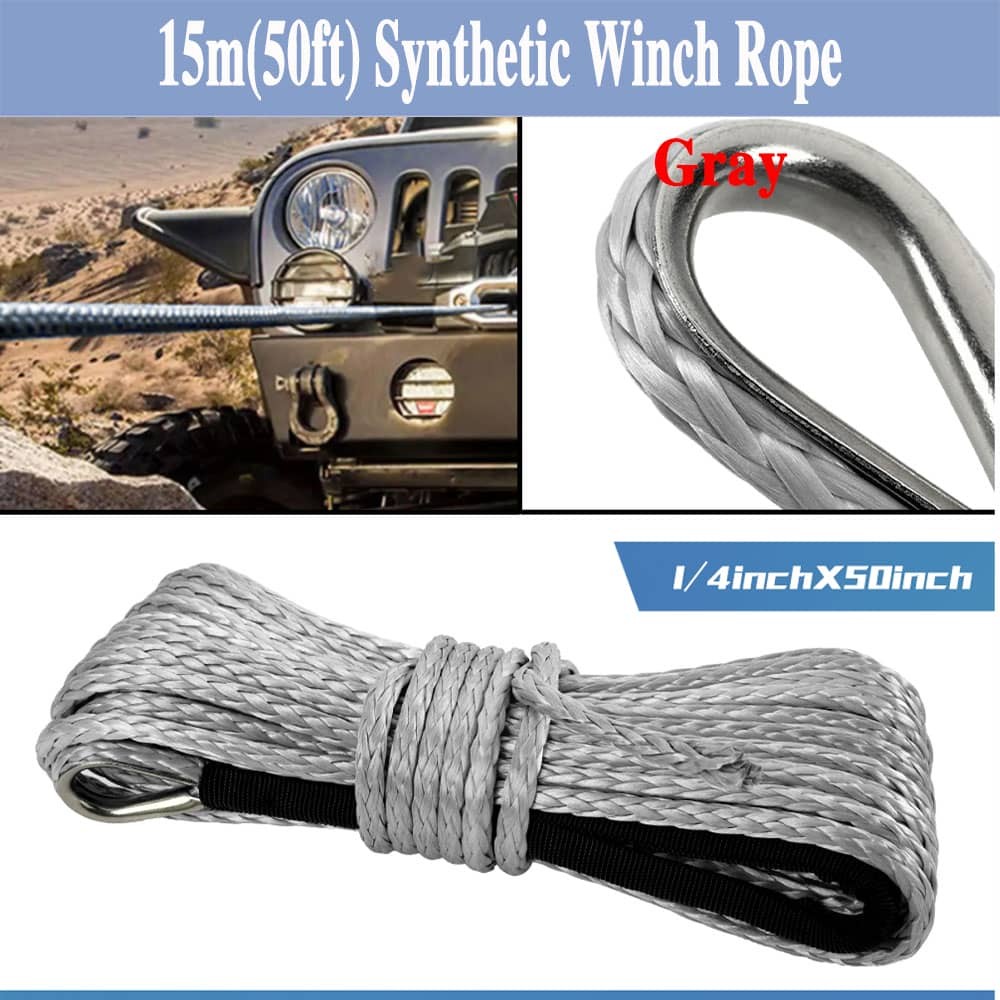 1/4″x50′ 10000LBS Synthetic Fiber Winch Rope Line Recovery Cable 4WD Car ATV Kit