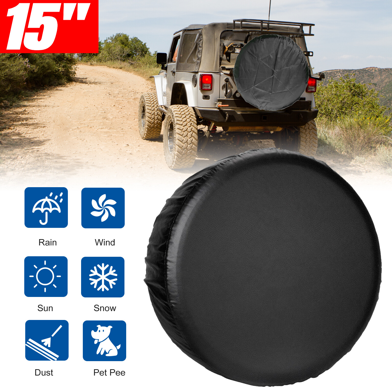 15″ DIY Spare Tire Cover Black Trailer Wheel & Tyre Protector Against Sun & Rain