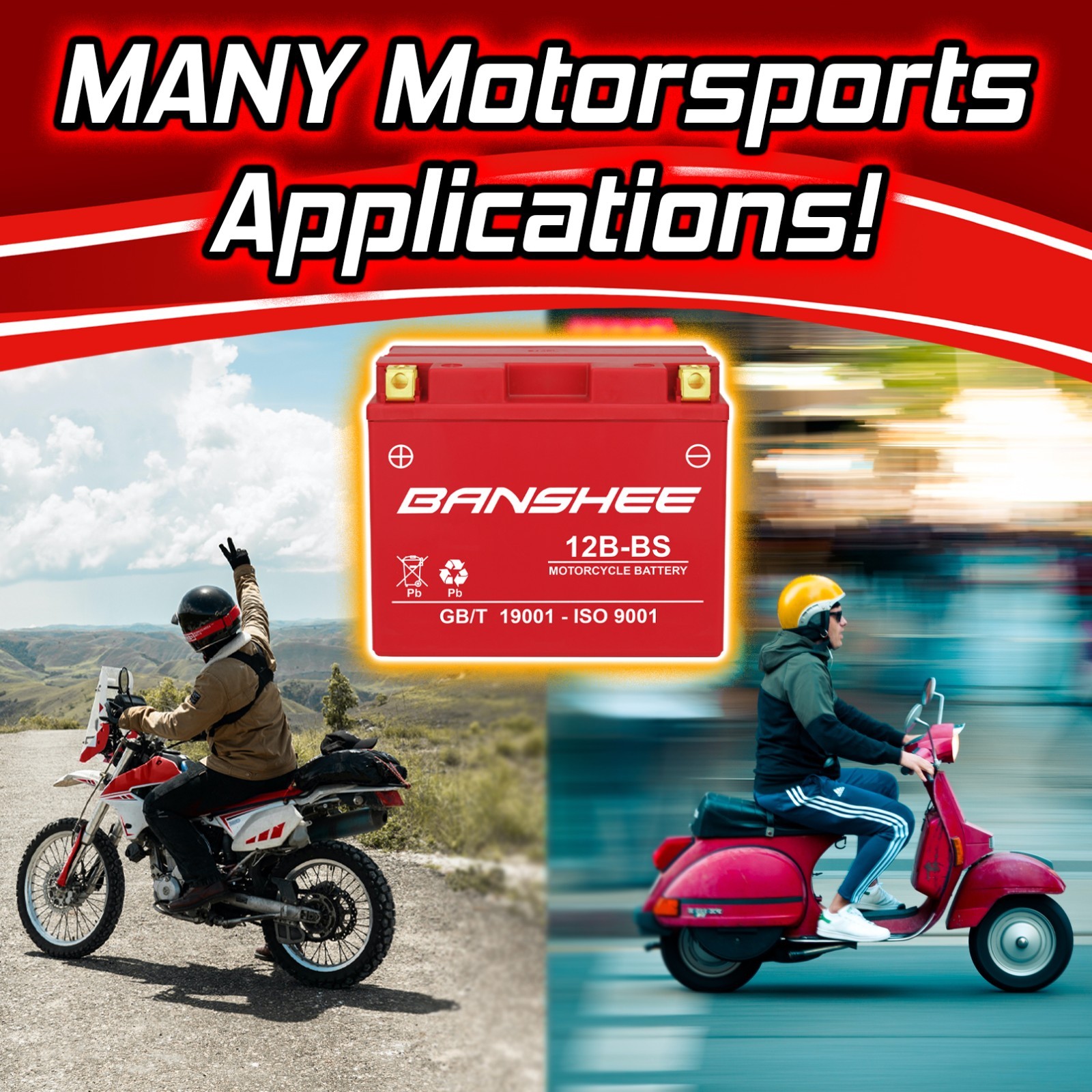 YT12B-BS12V Maintenance Free Sealed Battery for Ducati Kawasaki, 4 YEAR WARRANTY