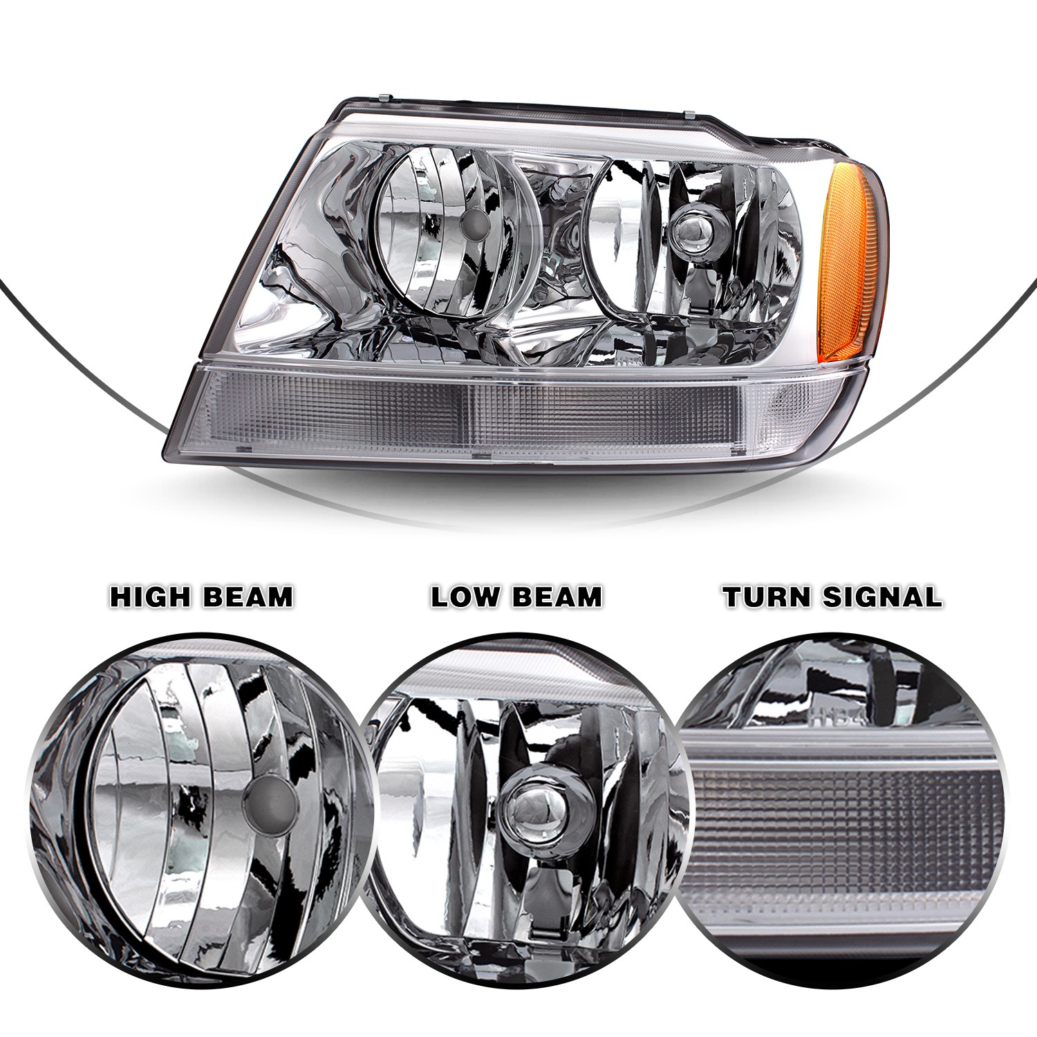 For 1999-2004 Jeep Grand Cherokee Driver+Passenger Chrome Halogen Headlights