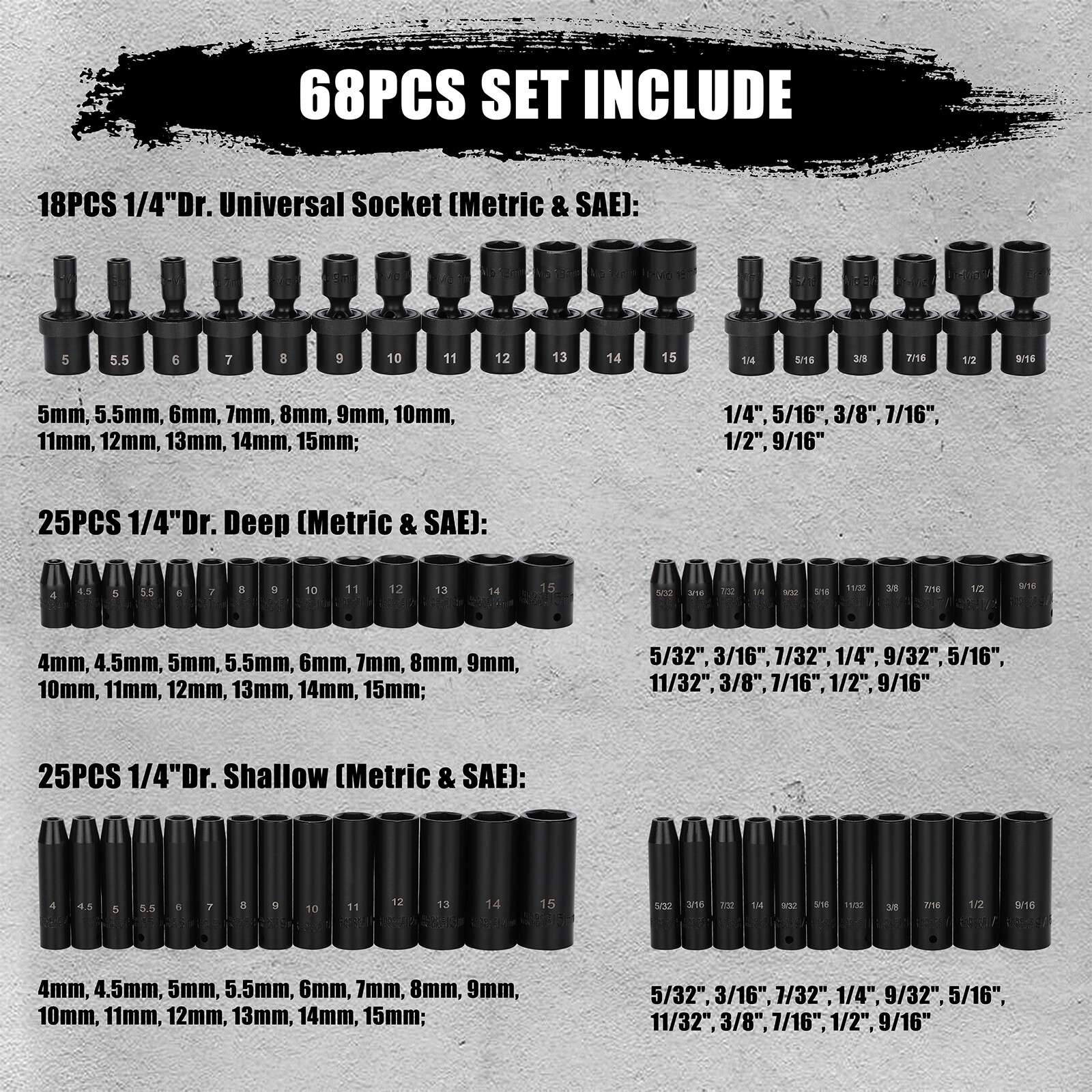 86pcs 1/4 Inch Drive Master Impact Socket Set with Adapters 6-Point, SAE/Metric