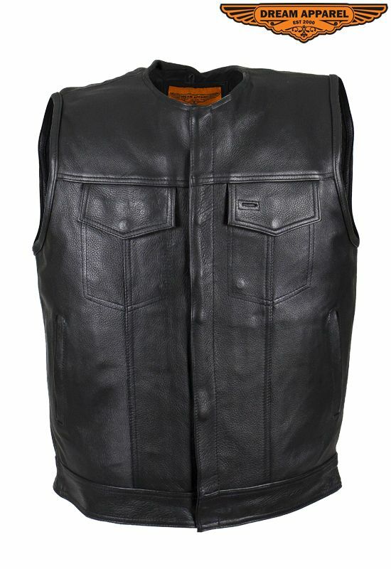 Men’s Motorcycle Leather Vest Zippered & Button-Snap Front Closure w/ Pockets