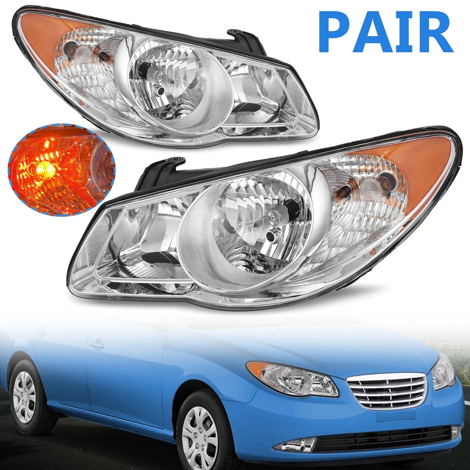 Pair Headlights For 2007 2008 2009 2010 Hyundai Elantra Chrome Housing W/BULBS
