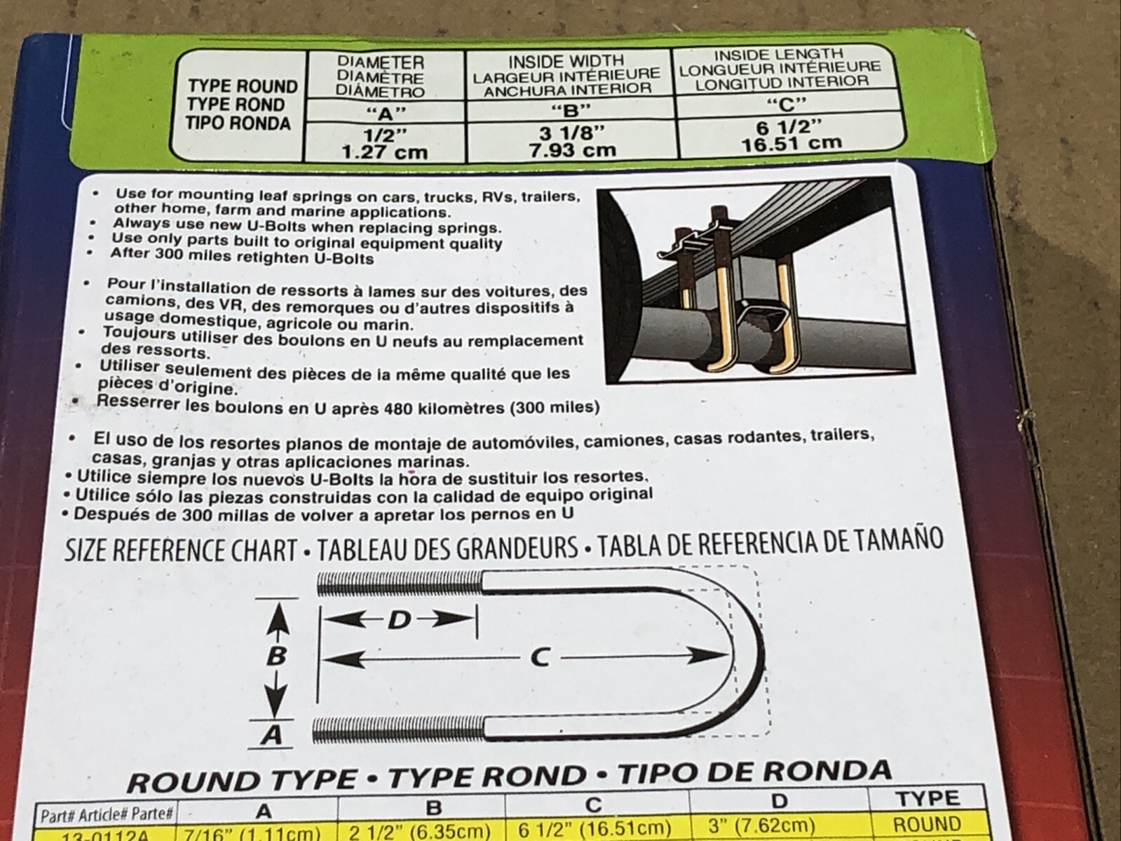 Superior 13-0134A Leaf Springs U-Bolt Kit – 6-1/2″ X 3-1/8″ X 1/2″ New