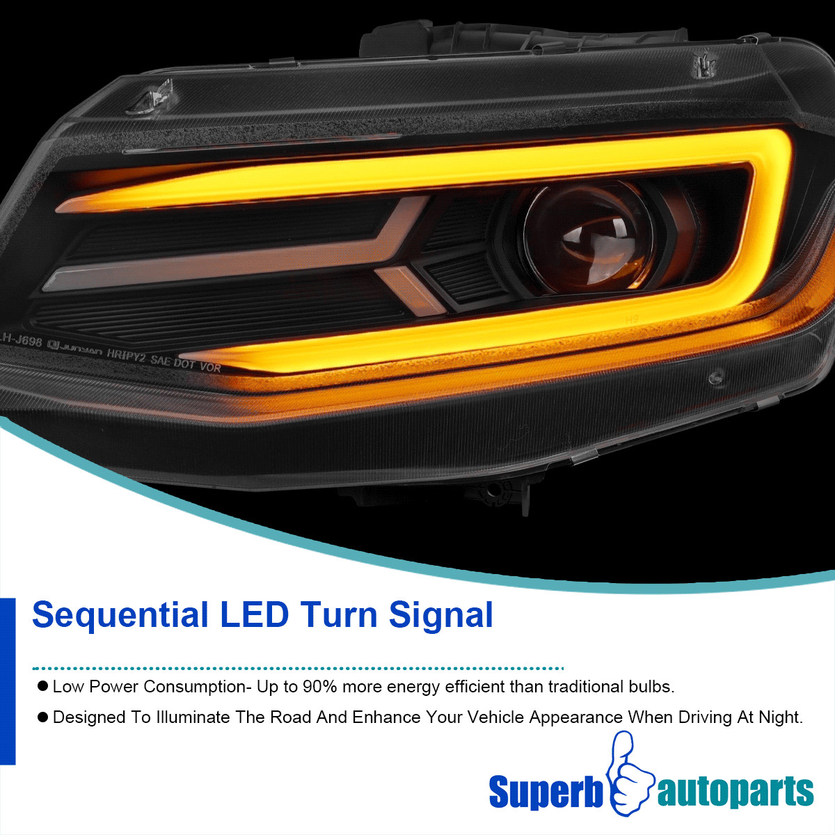 For 2016-2018 Chevy Camaro LED DRL Black Projector Headlights Sequential Signal