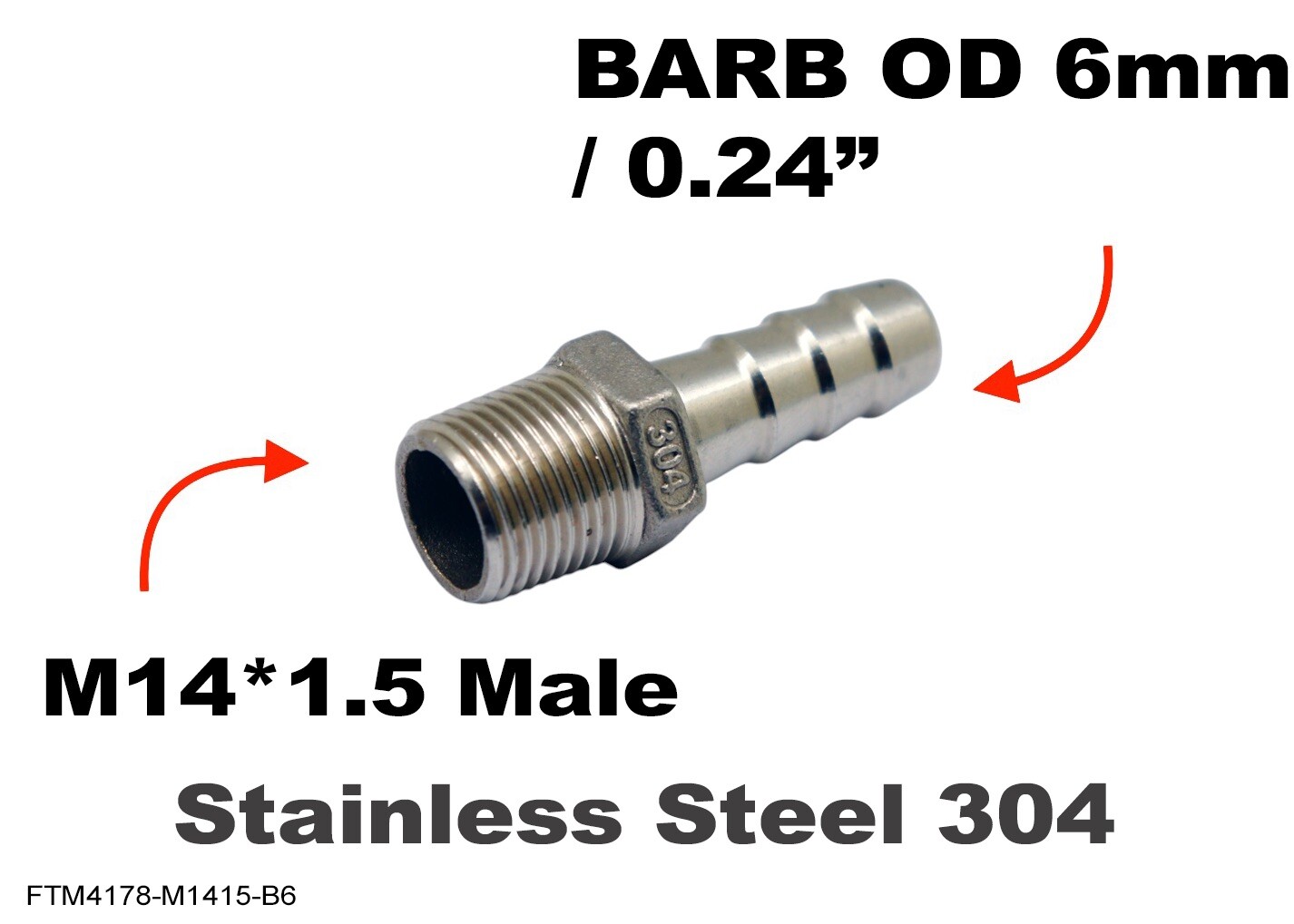 M14*1.5 MALE to BARB OD 6mm / 0.24″ Stainless Tail Adaptor Hose