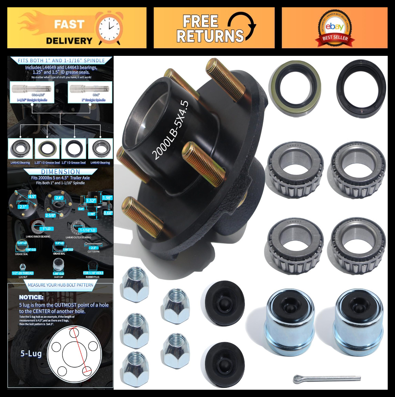 5 Lug Trailer Hub Kit 2000Lb 5×4.5 Axle Fits 1″ & 1-1/16″ Spindle – Complete Set