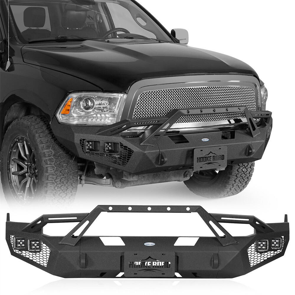 Off-Road Front Bumper w/Winch Plate & 4x LED Lights For 2009-2012 Dodge Ram 1500