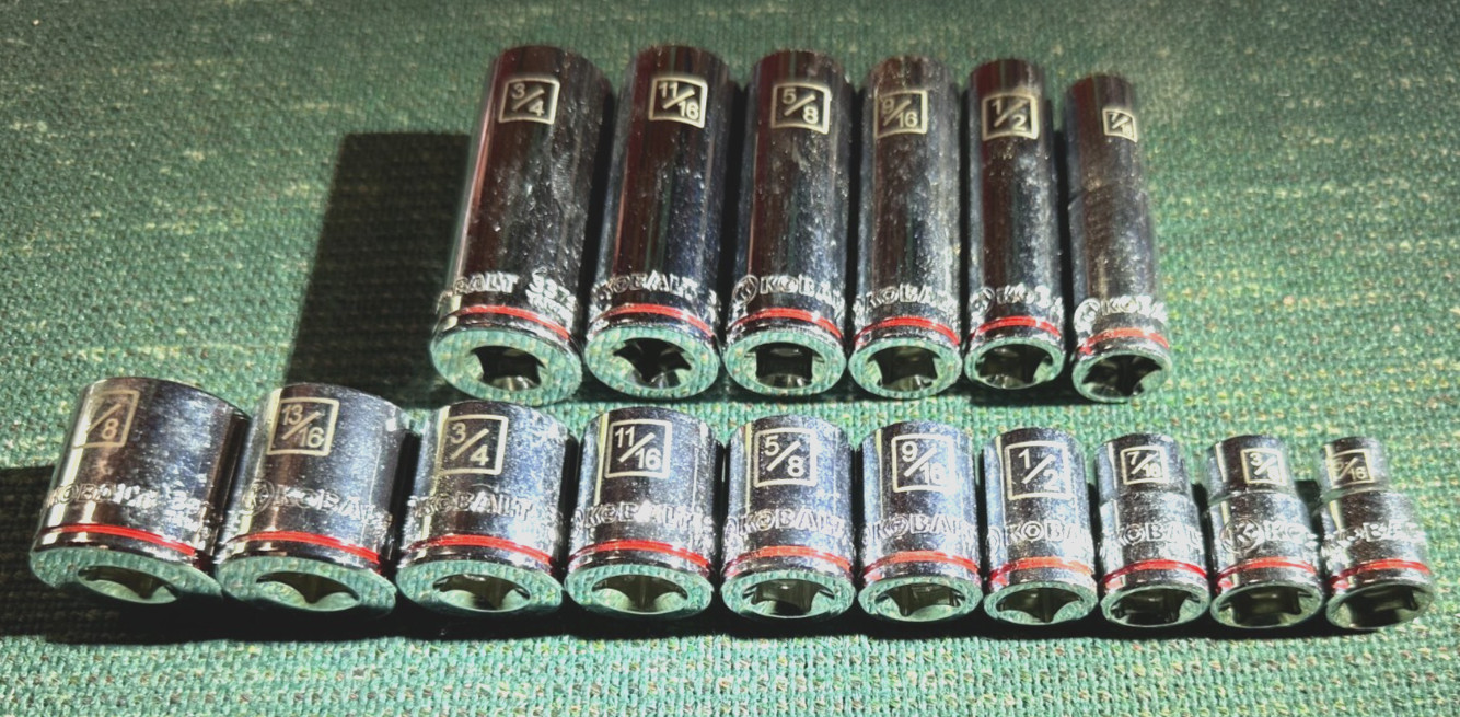 16 PC KOBALT 3/8 IN DRIVE SAE 12 PT SOCKETS SET OF 10 SHALLOW AND 6 DEEP