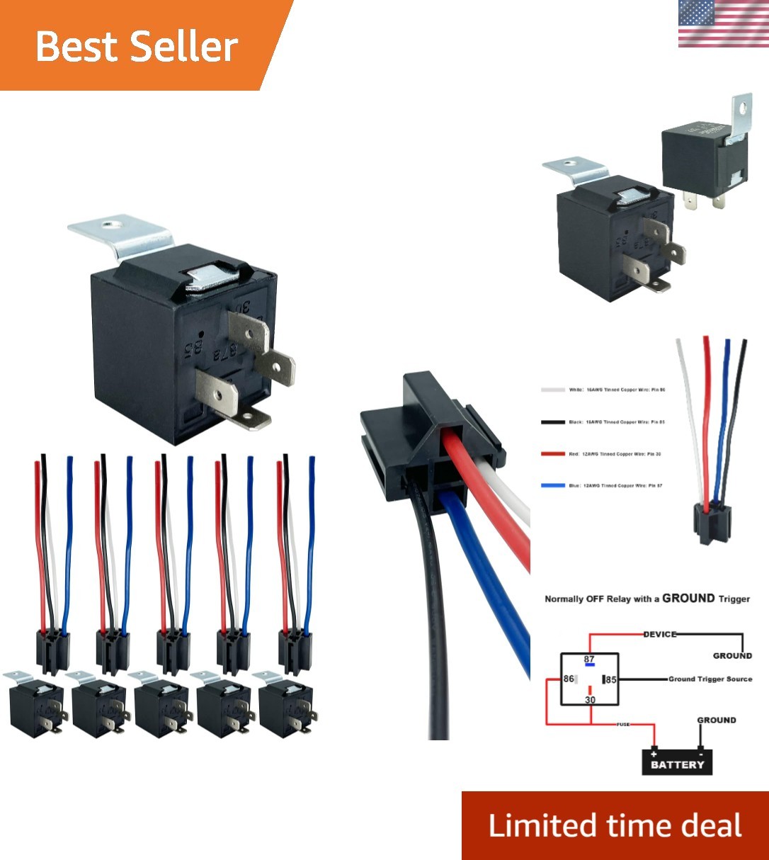 12V DC Automotive Relay Kit 4-Pin SPST 40A 30A Pack of 6