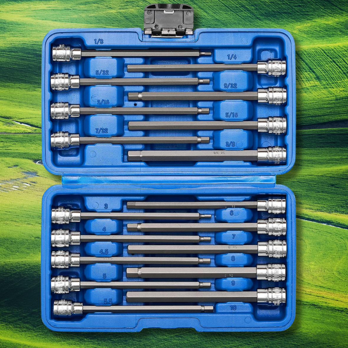 3/8″Drive Extra Long Ball-End Hex Bit Socket Set, 18 Piece Allen Socket Set, Met