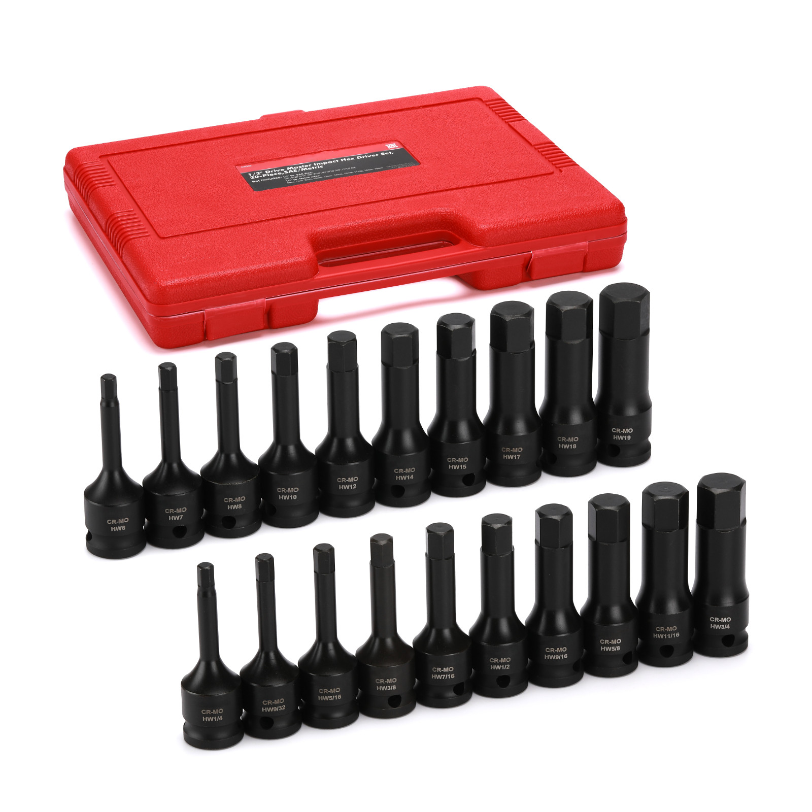 1/2″ Drive Master Impact Hex Bit Set Hex Driver SAE/Metric 1/4″ – 3/4″ 6mm-19mm
