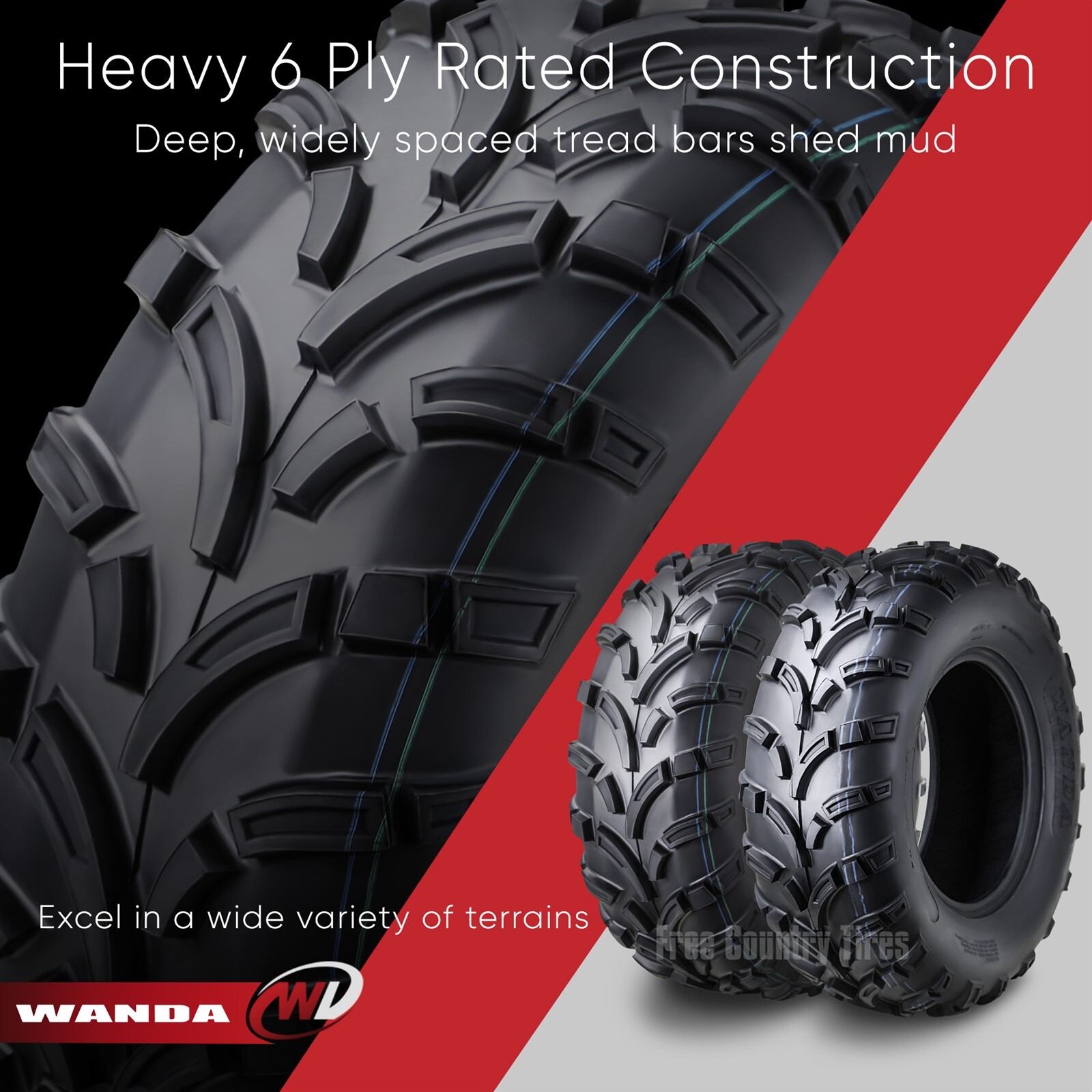 Set of 4 WANDA ATV Tires 25×8-12 25x8x12 Front & 25×10-12 25x10x12 Rear 6PR Mud