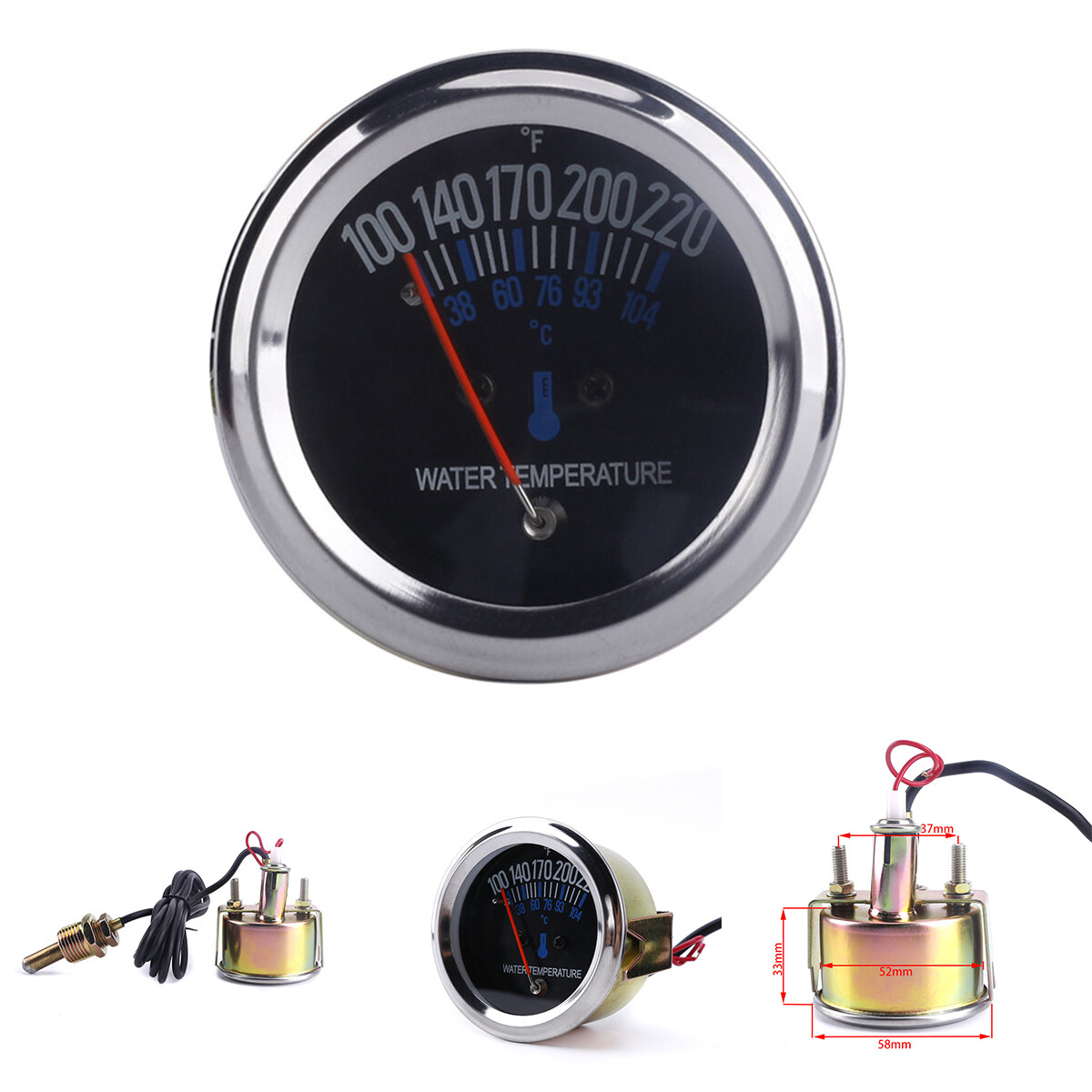 Mechanical Water Temperature Gauge with 5/8 UNF Threaded End 100~220 ℉, 38~104℃
