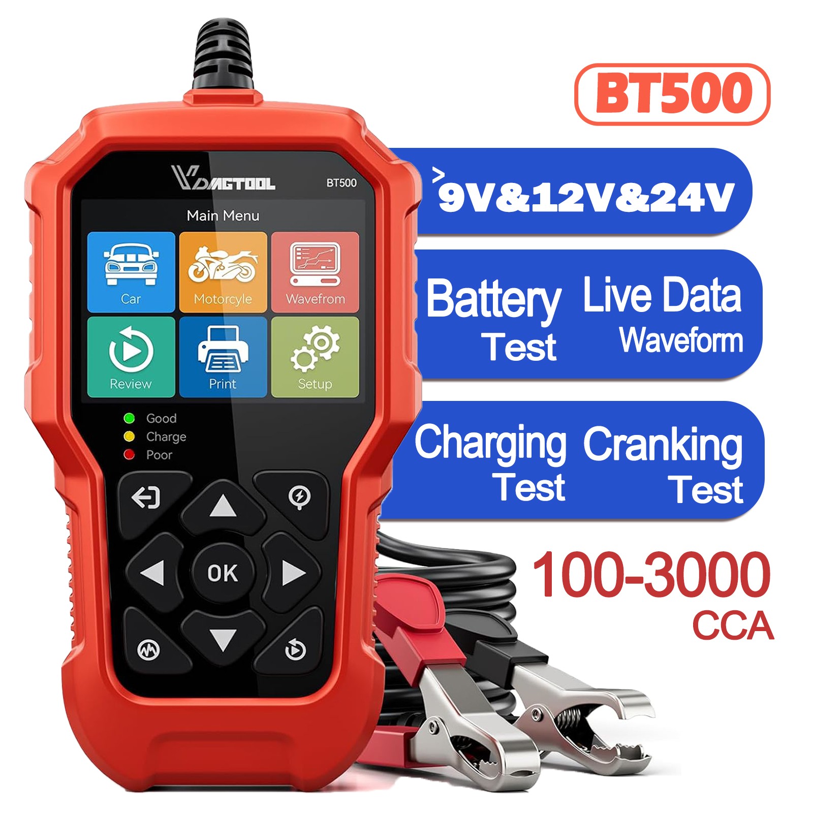 VDIAGTOOL BT500 12V 24V Car Battery Tester Battery Load Tester Battery Analyzer