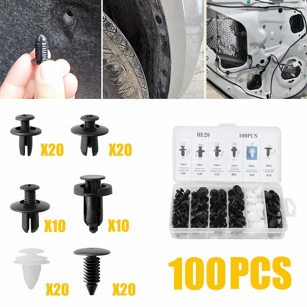 100Pack Universal Push Rivet Fender Clips Fastener Fit Liner Retainer Car 6 Size