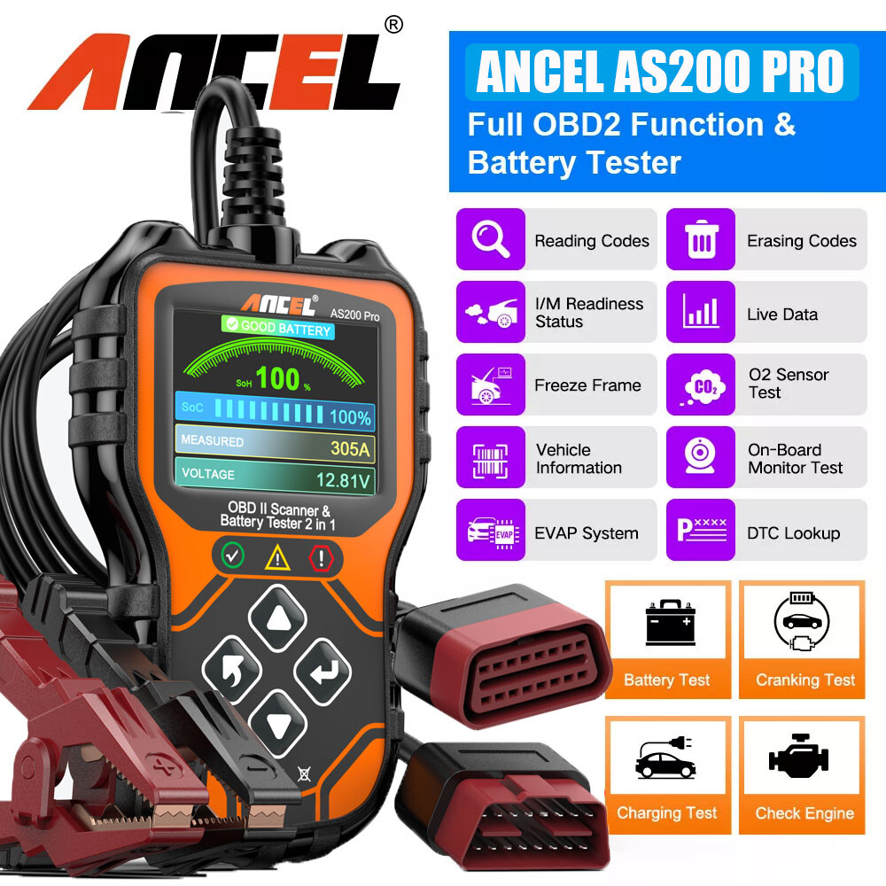 ANCEL AS200 Pro 6V 12V Battery Charging Cranking Tester OBD2 Engine Scan Tool
