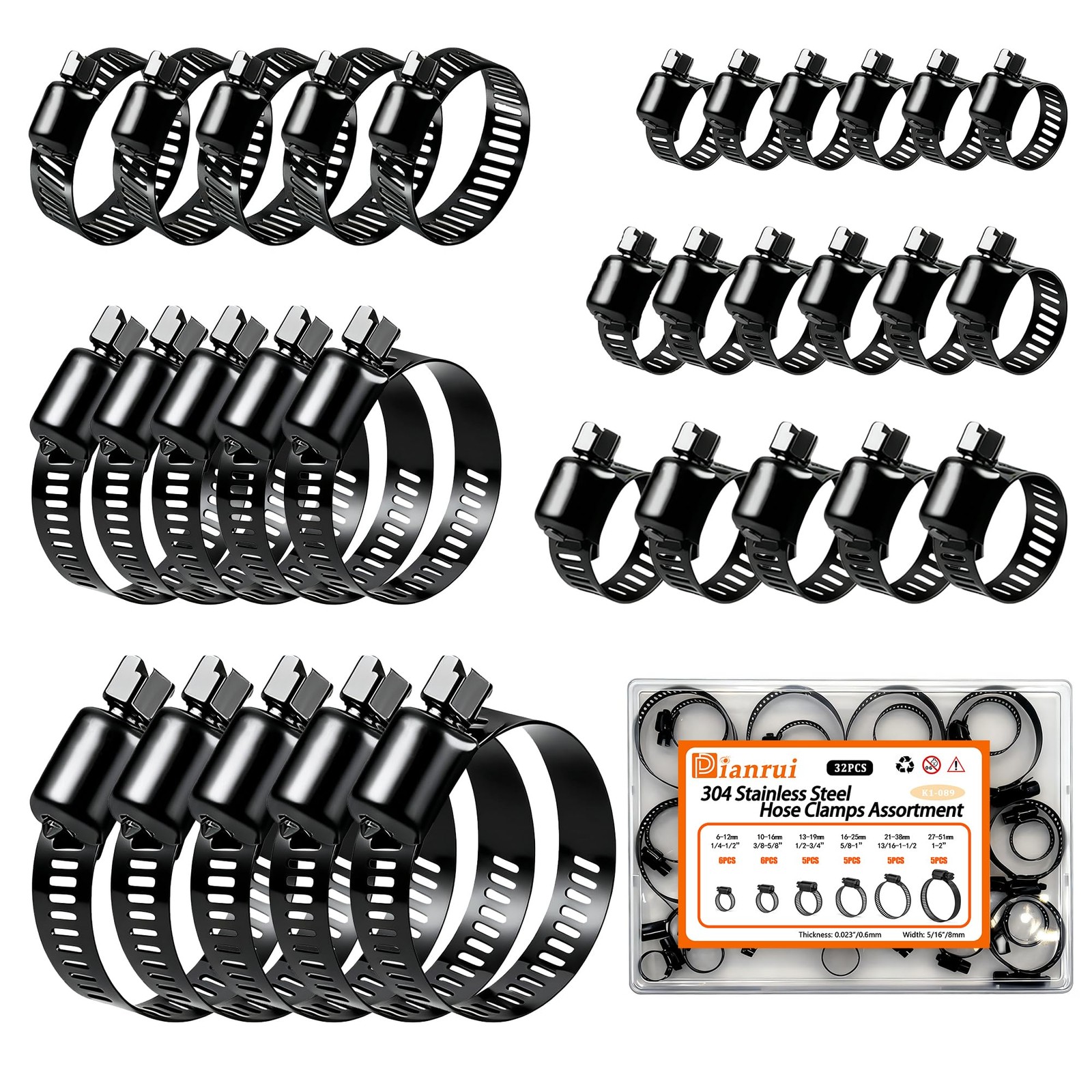 Dianrui 32 PCS Black Hose Clamps Assortment Kit 1/4–2 6-51mm Hose Clamps Stai…