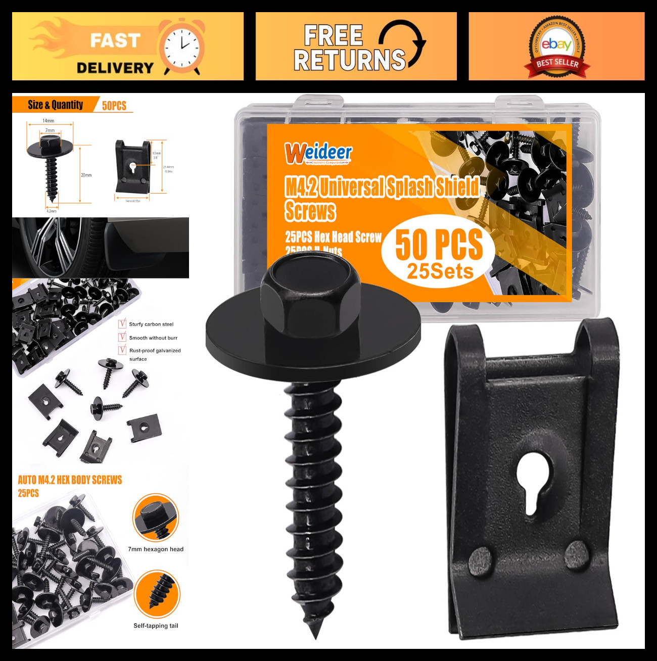 50PCS M4.2 Universal Fender Liner Screw U Nut Kit, Engine Splash Shield Clips