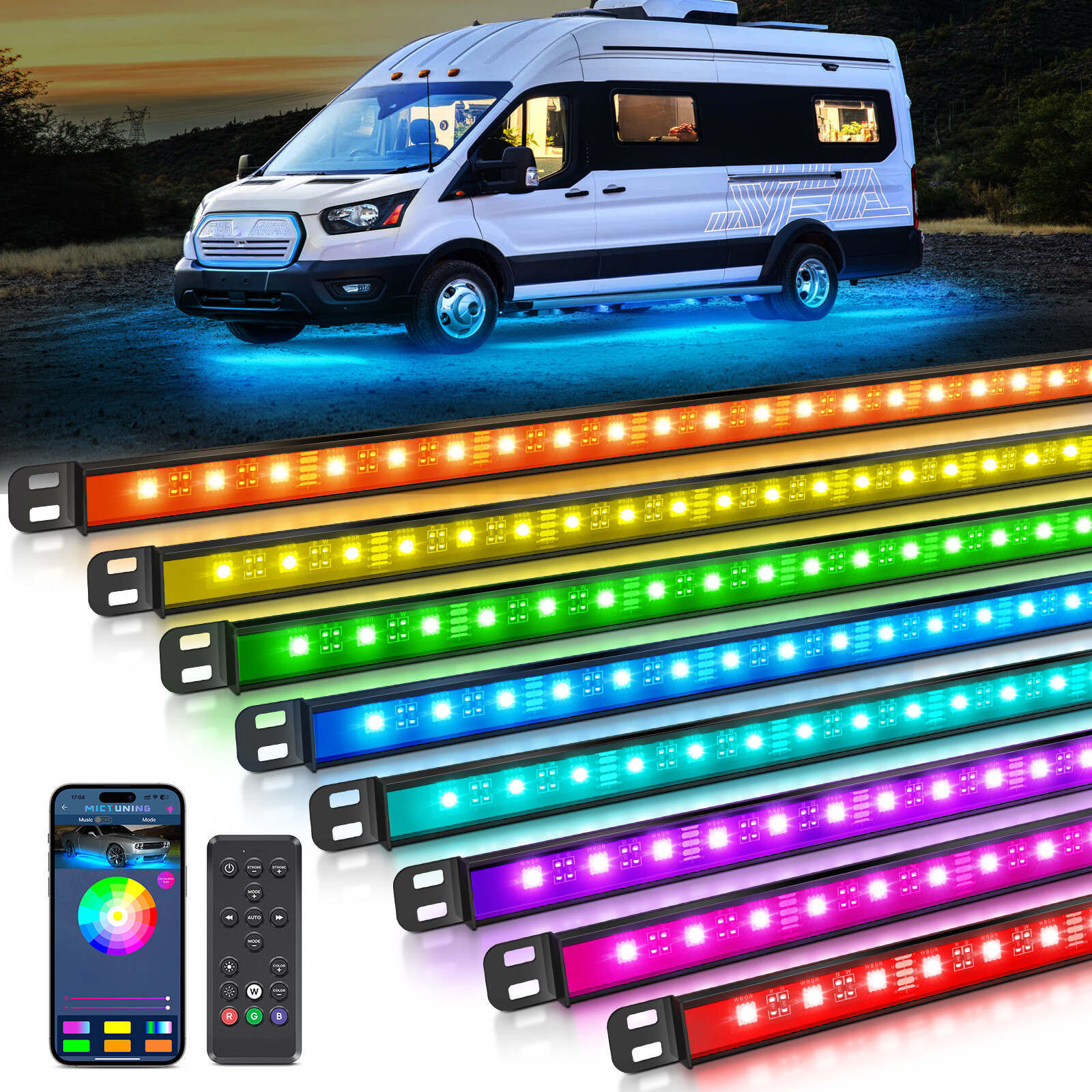 MICTUNING N8 RGBW Underglow Light Bar, Exterior Underbody LED Light Strip for RV
