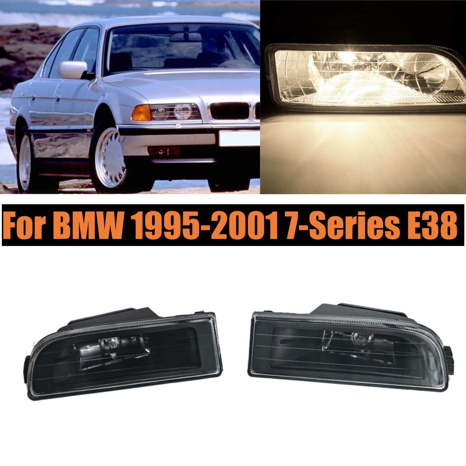 Pair Black Bumper Fog Light Lamp for 1995-2001 BMW 7 Series 740i E38 Glass Lens