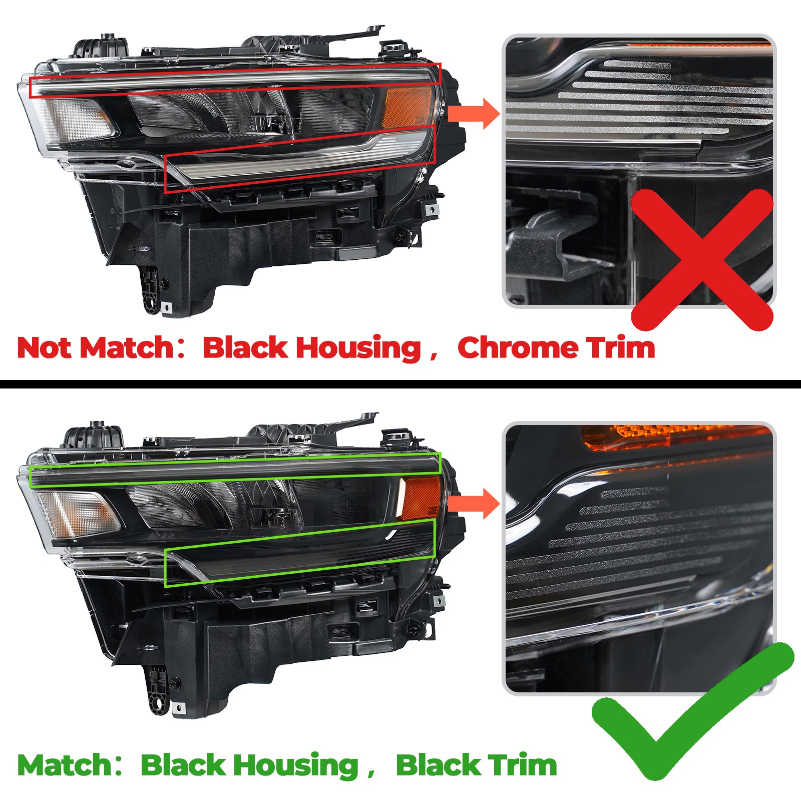 For 2025-2026 Ram 1500 LED Headlight Halogen Turn Signal Black Trim R+L Pair