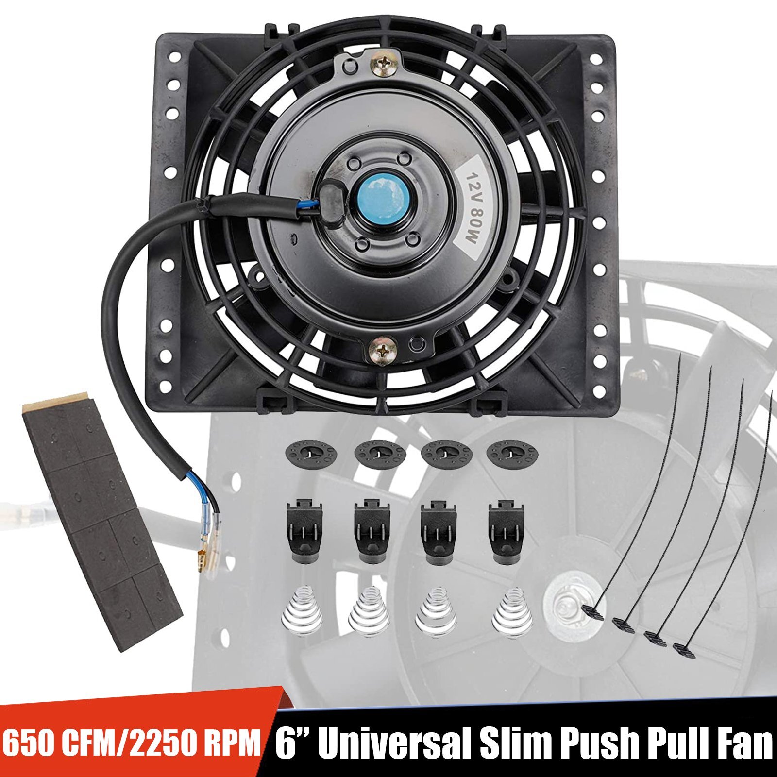 6”Slim Push Pull Electric Cooling Fan 650CFM Radiator Mount Kit Universal Black