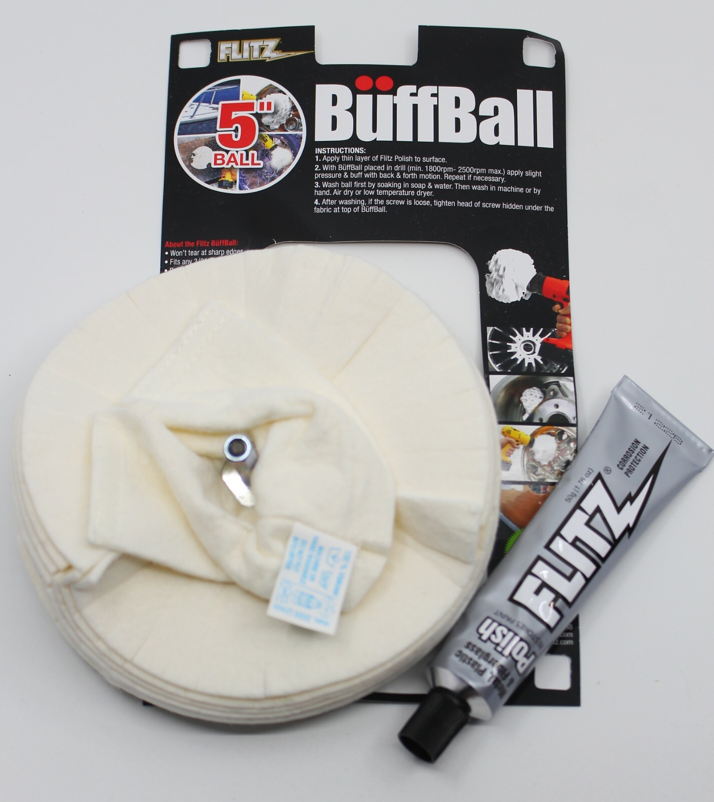 FLITZ LARGE 5″ BUFF BALL With 1.76OZ TUBE FLITZ POLISH (SEE VIDEO)