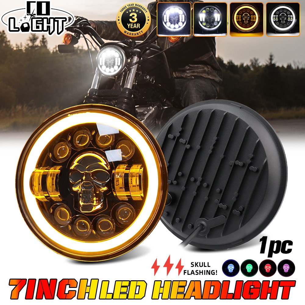 DOT Motorcycle 5.75″ 5 3/4″Inch LED Headlight Projector RGB Skull DRL Hi/Lo Beam