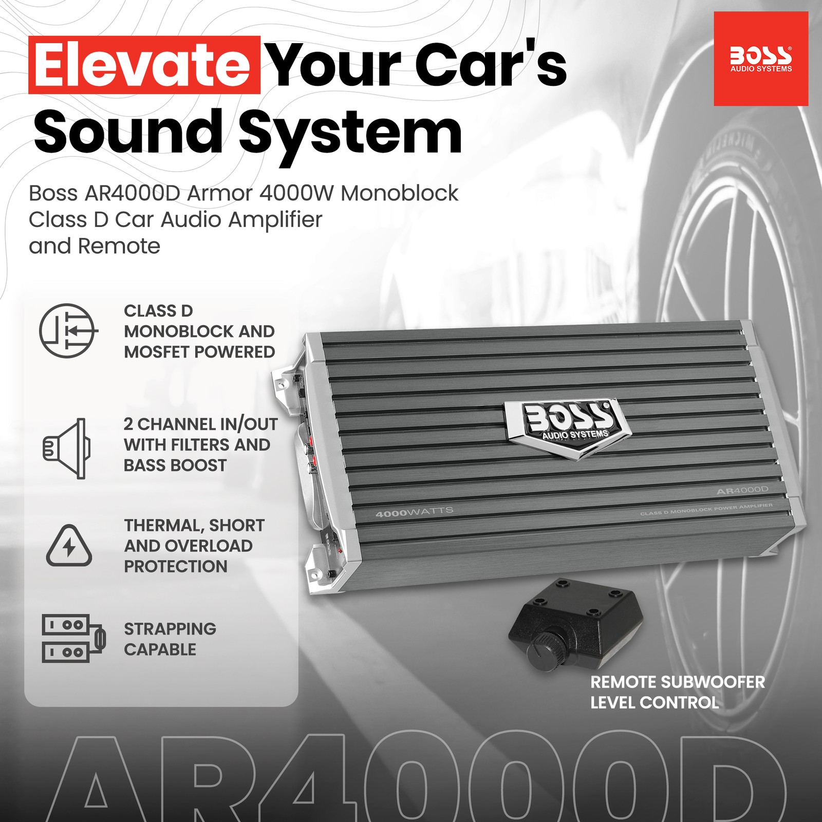 Boss AR4000D Armor 4000W Monoblock Class D Car Audio Amplifier Amp and Remote