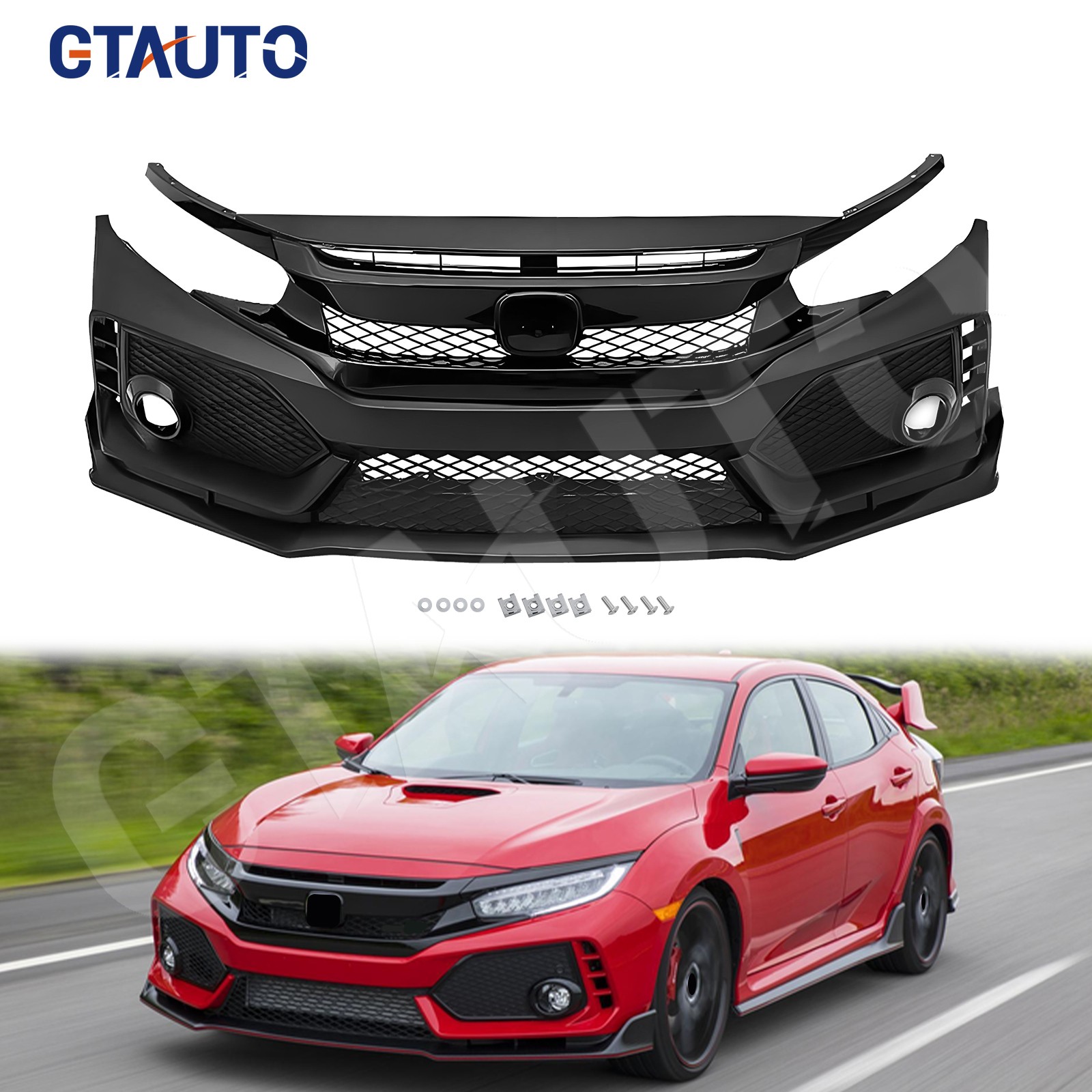 For 2016-2021 Honda Civic Type R Style Front Bumper Cover Kit with Grille & Lip